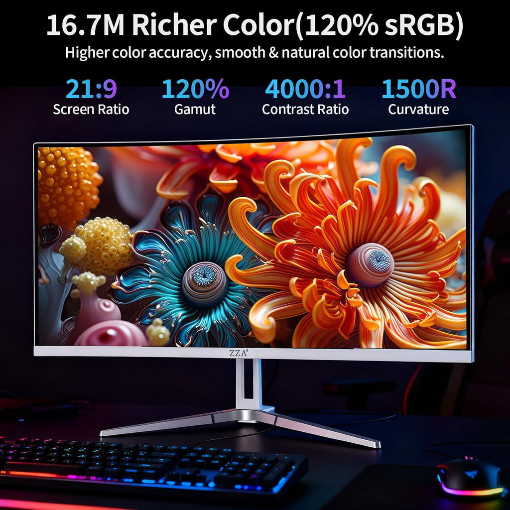 ZZA 34'' Gaming Monitor-165Hz/180Hz WQHD (3440x1440P) Ultrawide 34 White Curved Monitor,FreeSync for Tear-Free Gaming,120% sRGB, HDMI 2.1 & DP 1.4,PBP Mode,Wall Mountable