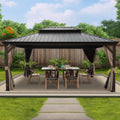 Kozyard Alexander 12' X 16' Hardtop Aluminum Permanent Gazebo with a Mosquito Net and Privacy Sidewalls, Permanent Gazebo Pavilion for Patio, Backyard (Brown)