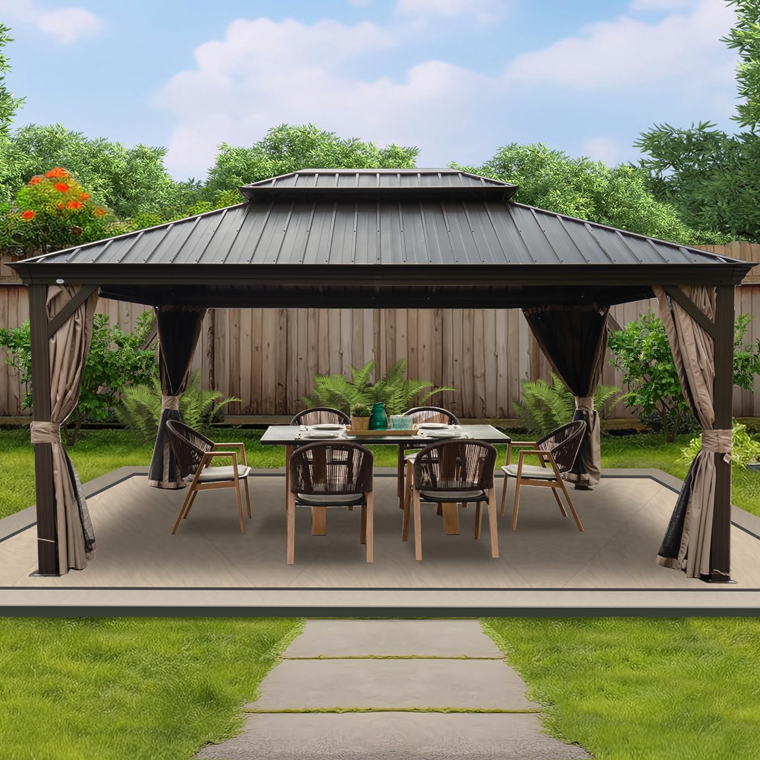 Kozyard Alexander 12' X 16' Hardtop Aluminum Permanent Gazebo with a Mosquito Net and Privacy Sidewalls, Permanent Gazebo Pavilion for Patio, Backyard (Brown)