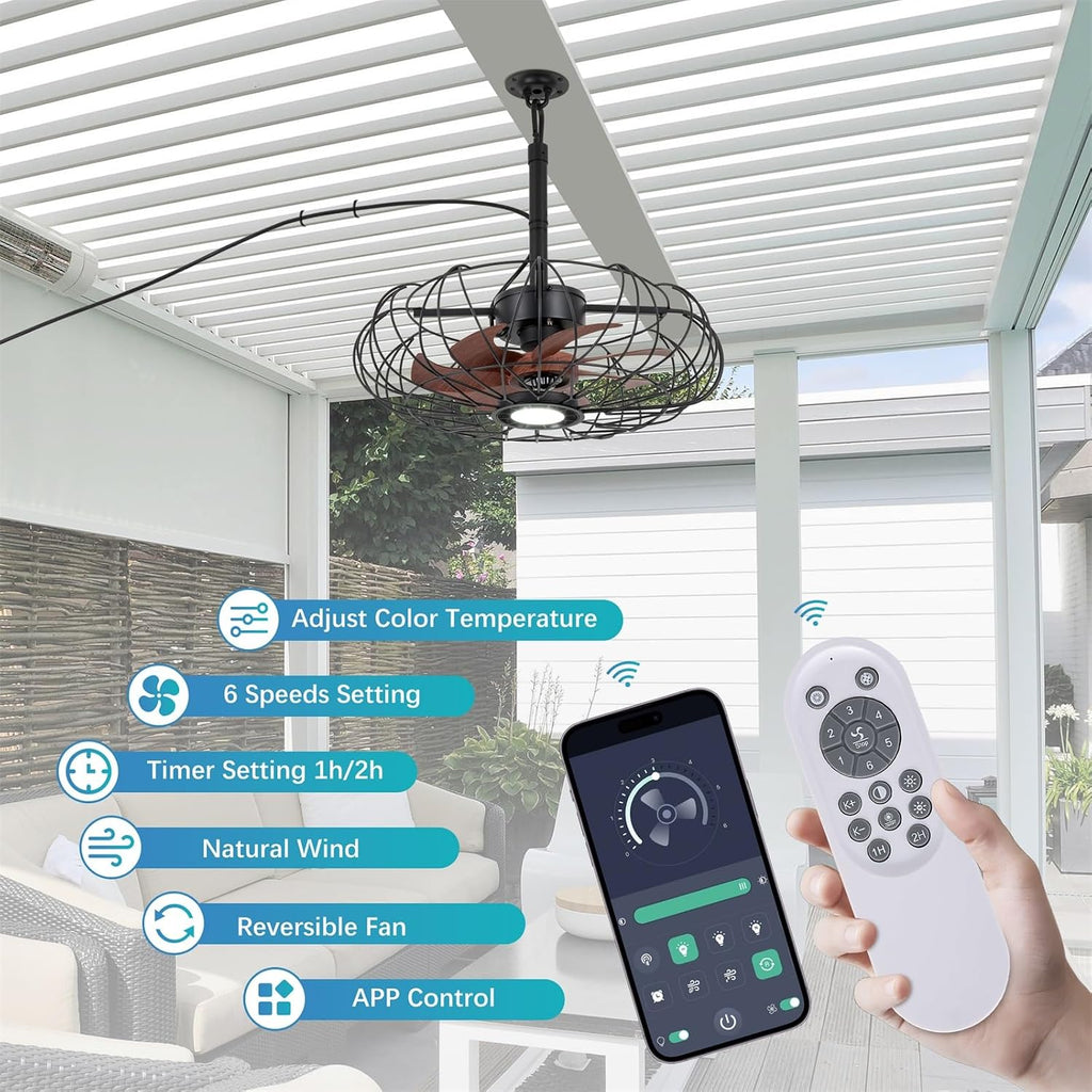 20'' Outdoor Gazebo Fan with Lights, IP64 Waterproof Caged Ceiling Fan with Remote and Hanging Hook, 3CCT Dimmable 6-Speed Reversible Motor, Outside Plug in Ceiling Fans for Patio Porch Canopy, Black