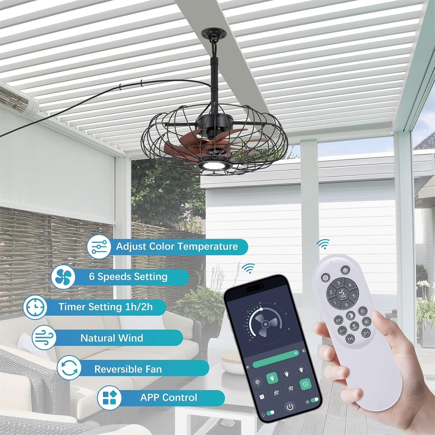 20'' Outdoor Gazebo Fan with Lights, IP64 Waterproof Caged Ceiling Fan with Remote and Hanging Hook, 3CCT Dimmable 6-Speed Reversible Motor, Outside Plug in Ceiling Fans for Patio Porch Canopy, Black