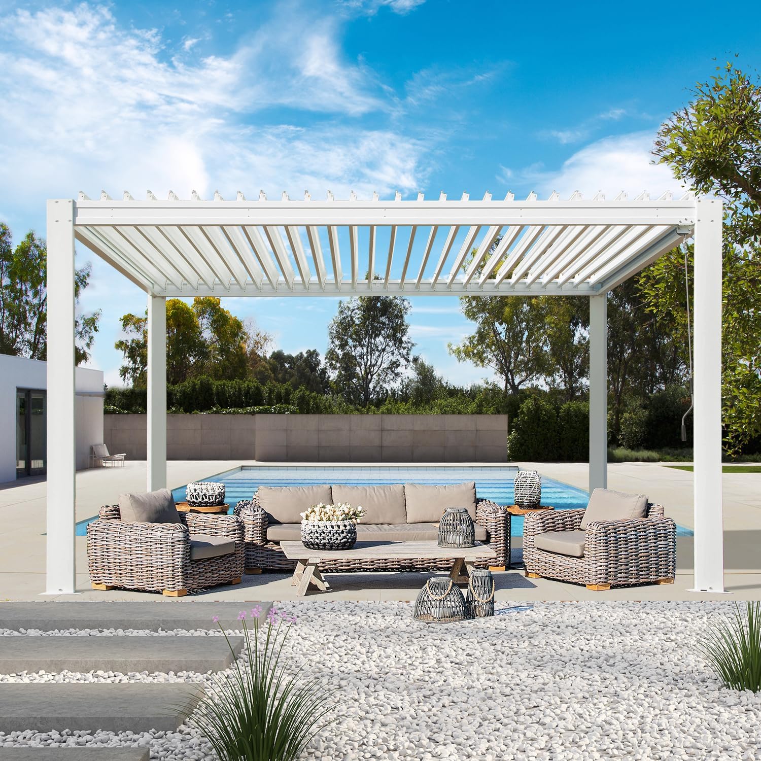 Domi Louvered Pergola 10×13 FT, Outdoor Aluminum Pergola with Adjustable Rainproof Roof and Drainage System, Metal Pergola Gazebo for Patio, Deck, Backyard, White