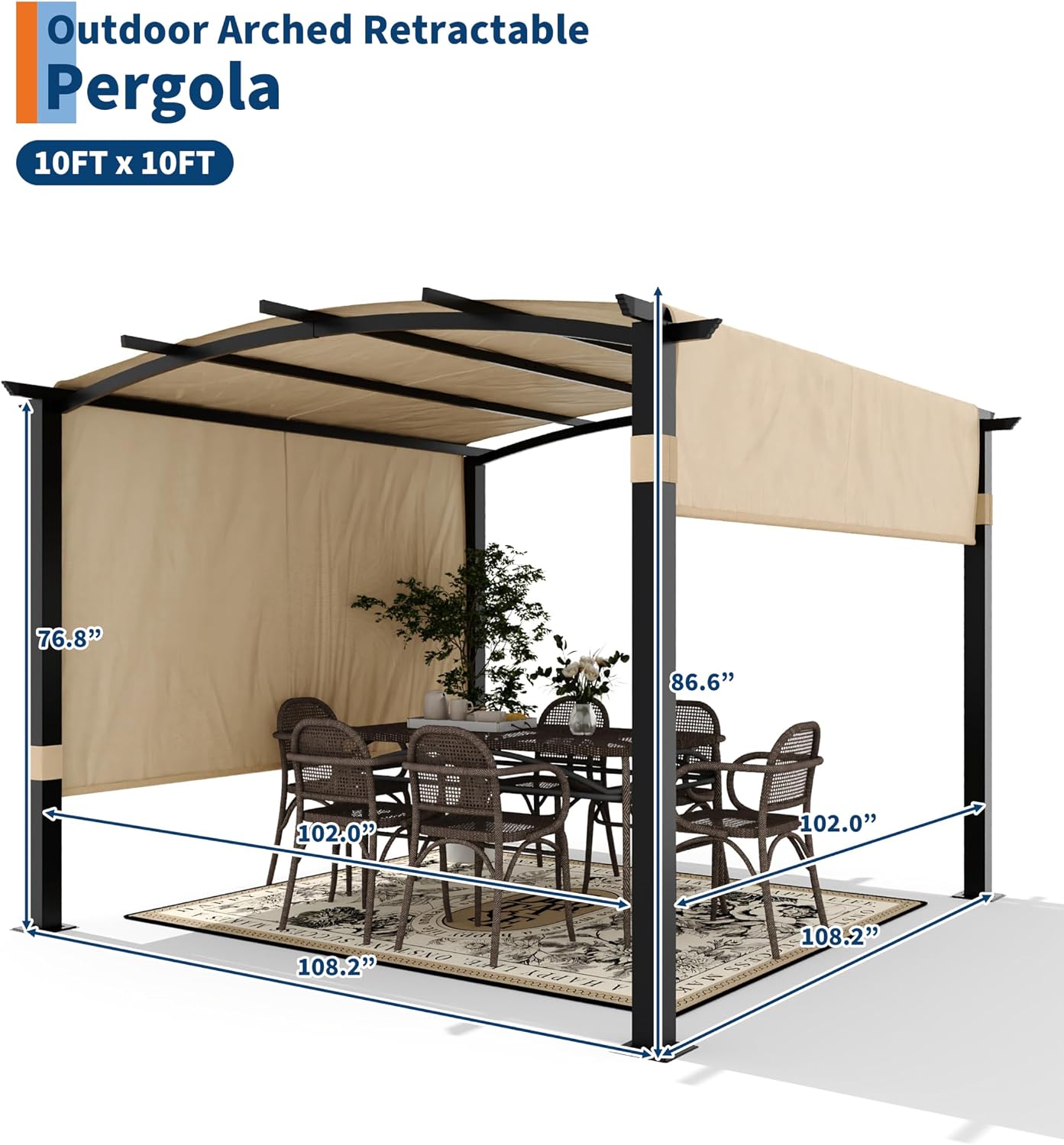 GAOMON 10x10 Ft Outdoor Arched Pergola, Heavy-Duty Aluminum Patio Gazebo with Retractable Canopy, UV-Resistant for Deck Backyard Garden Porch Lawn, Khaki