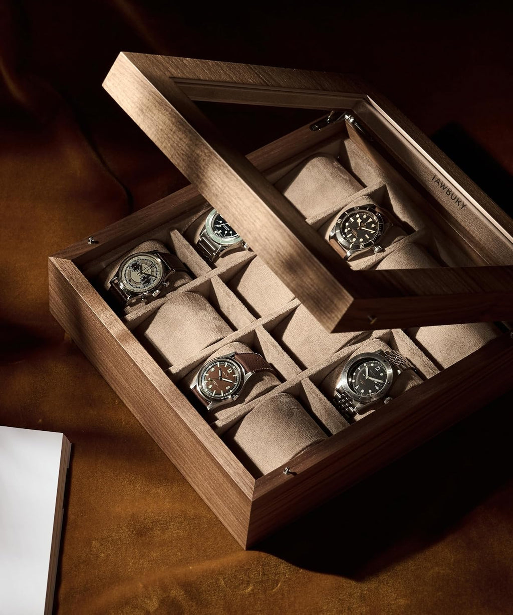TAWBURY Wooden Watch Case - 12 Slot Wood Watch Box for Men & Women with Glass Display, Protective Fully Lined Interior and 2-inch Wide Pillows for Small & Large Watches (Classic Walnut)