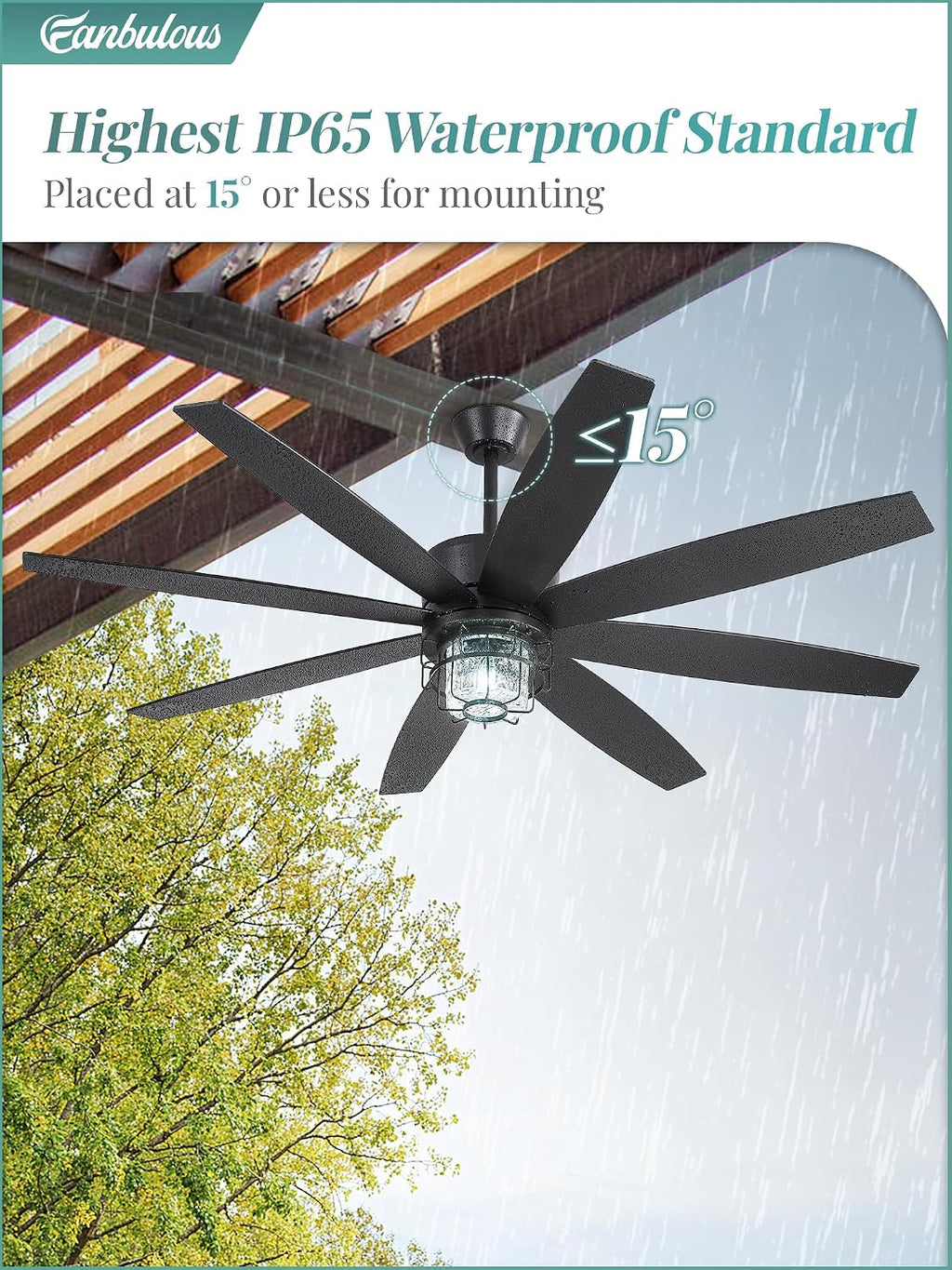Fanbulous 65' Outdoor Ceiling Fans with Lights and Remote Control, IP65 Wet Rated Waterproof Ceiling Fan with 6-Speed DC Motor, Farmhouse Gazebo Fan for Porch Patios Pavilion（Black）