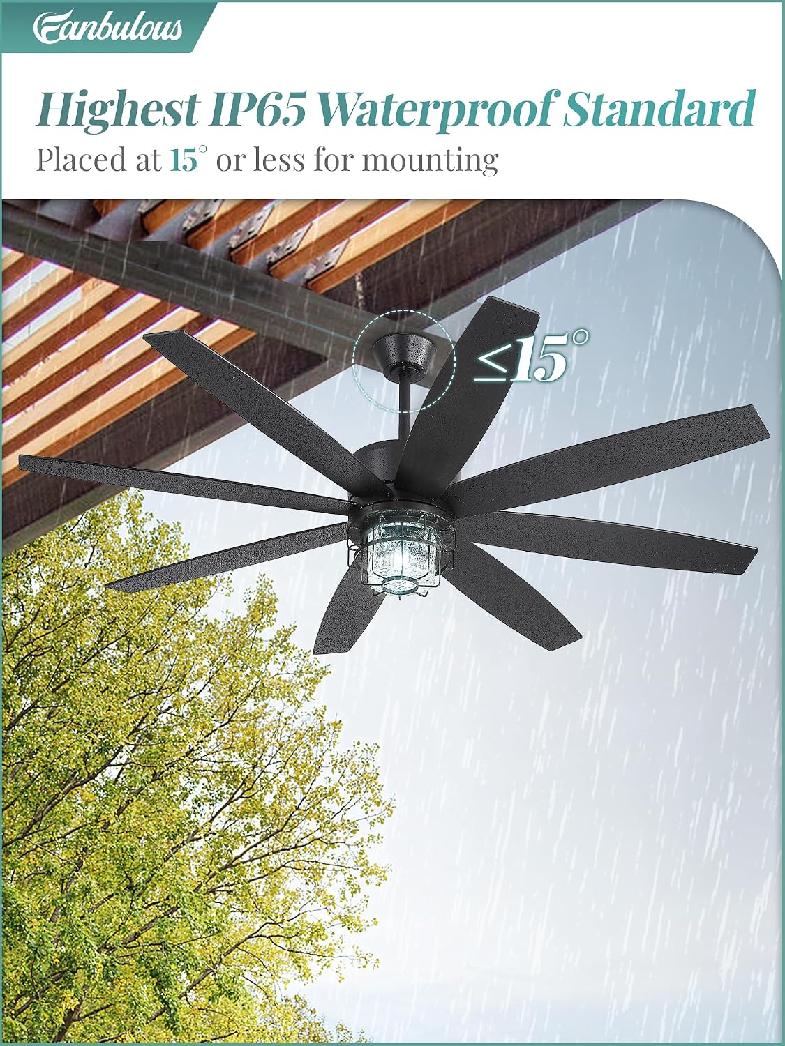 Fanbulous 65' Outdoor Ceiling Fans with Lights and Remote Control, IP65 Wet Rated Waterproof Ceiling Fan with 6-Speed DC Motor, Farmhouse Gazebo Fan for Porch Patios Pavilion（Black）