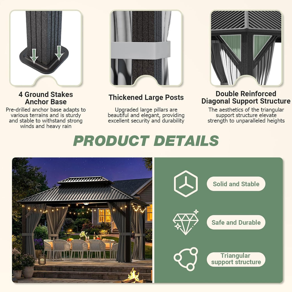 Polar Aurora 10'x12' Outdoor Gazebo Hardtop Grill Gazebo Aluminum Galvanized Steel Double Roof Outdoor Pergola Include Curtain and Netting for Backyard, Patio, Lawn