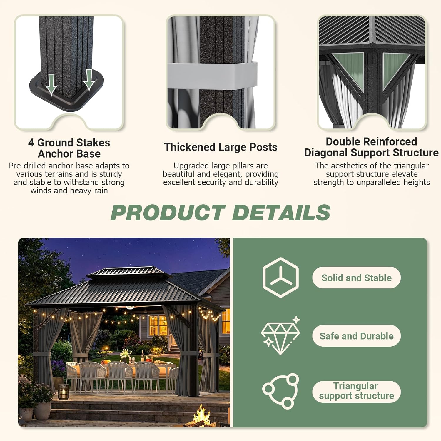 Polar Aurora 10'x12' Outdoor Gazebo Hardtop Grill Gazebo Aluminum Galvanized Steel Double Roof Outdoor Pergola Include Curtain and Netting for Backyard, Patio, Lawn