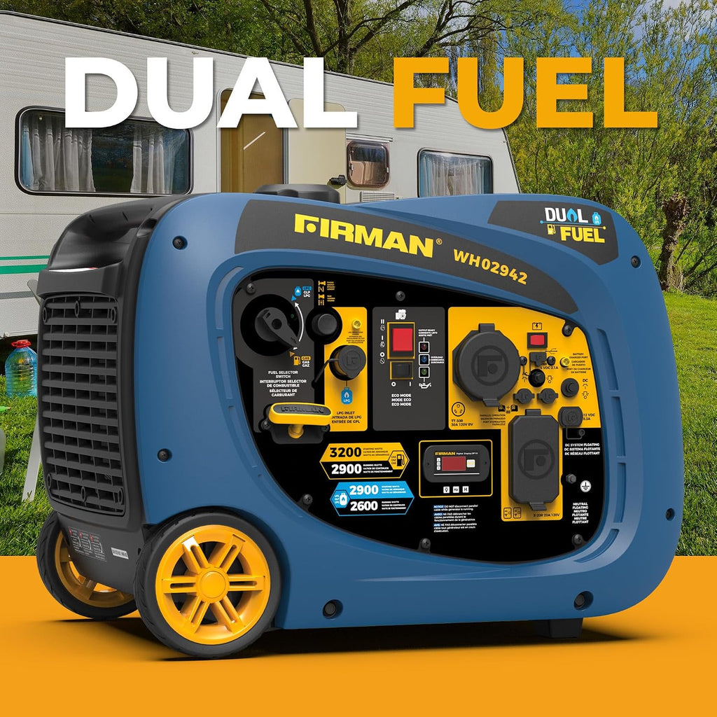 FIRMAN WH02942 Dual Fuel Inverter Portable Generator, 3200W Electric Start, Quiet 58 dB Operation, RV Ready TT-30R Outlet, Clean Inverter Power, Gas or Propane for Camping, Home Backup, Outdoor Use