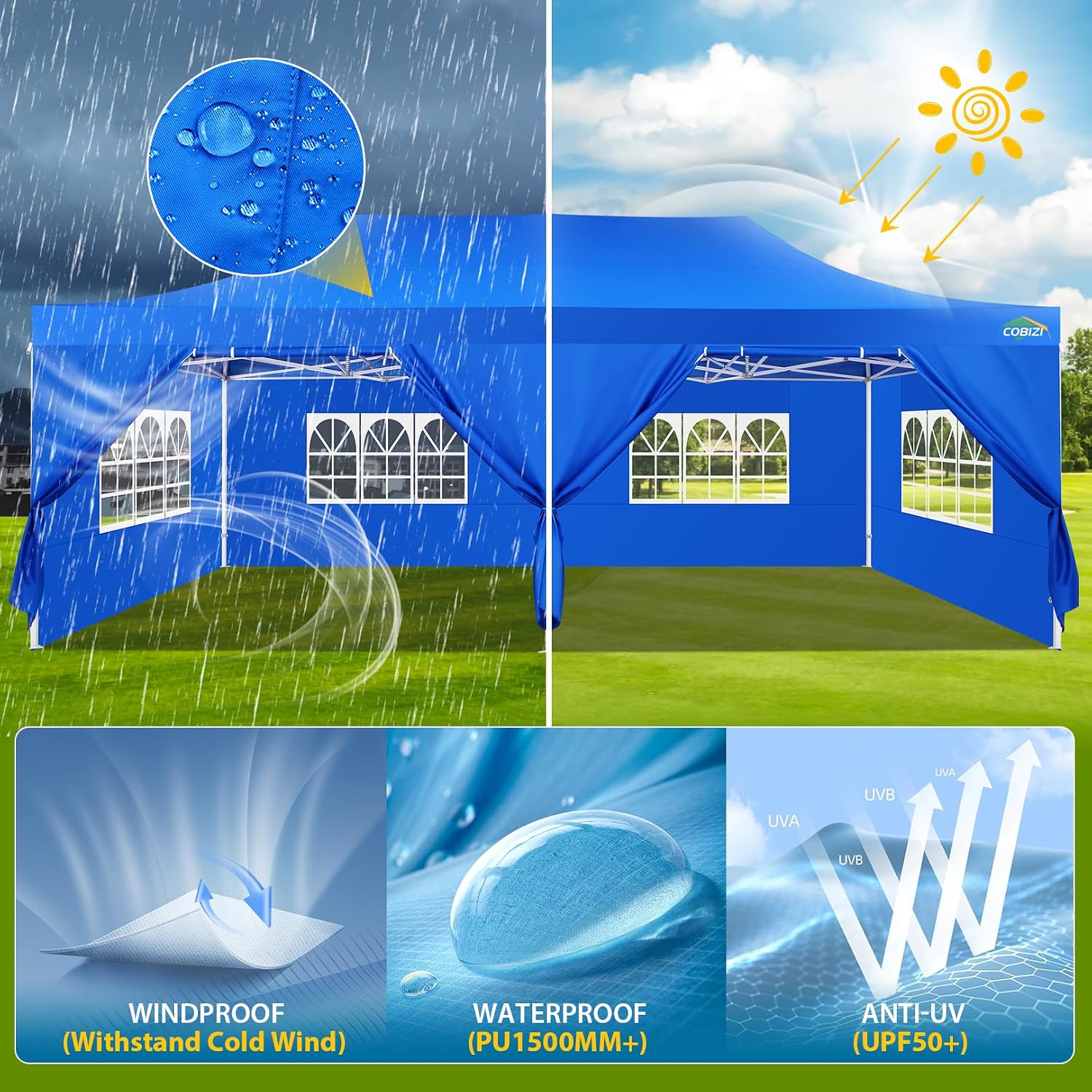 COBIZI 13x26 Heavy Duty Pop Up Canopy with 6 Sidewalls Party Tent Outdoor Wedding Large Event Tent with Roller Bag for Garden Lawn Waterproof UPF 50+ Easy Up, Blue (Framework Upgraded)