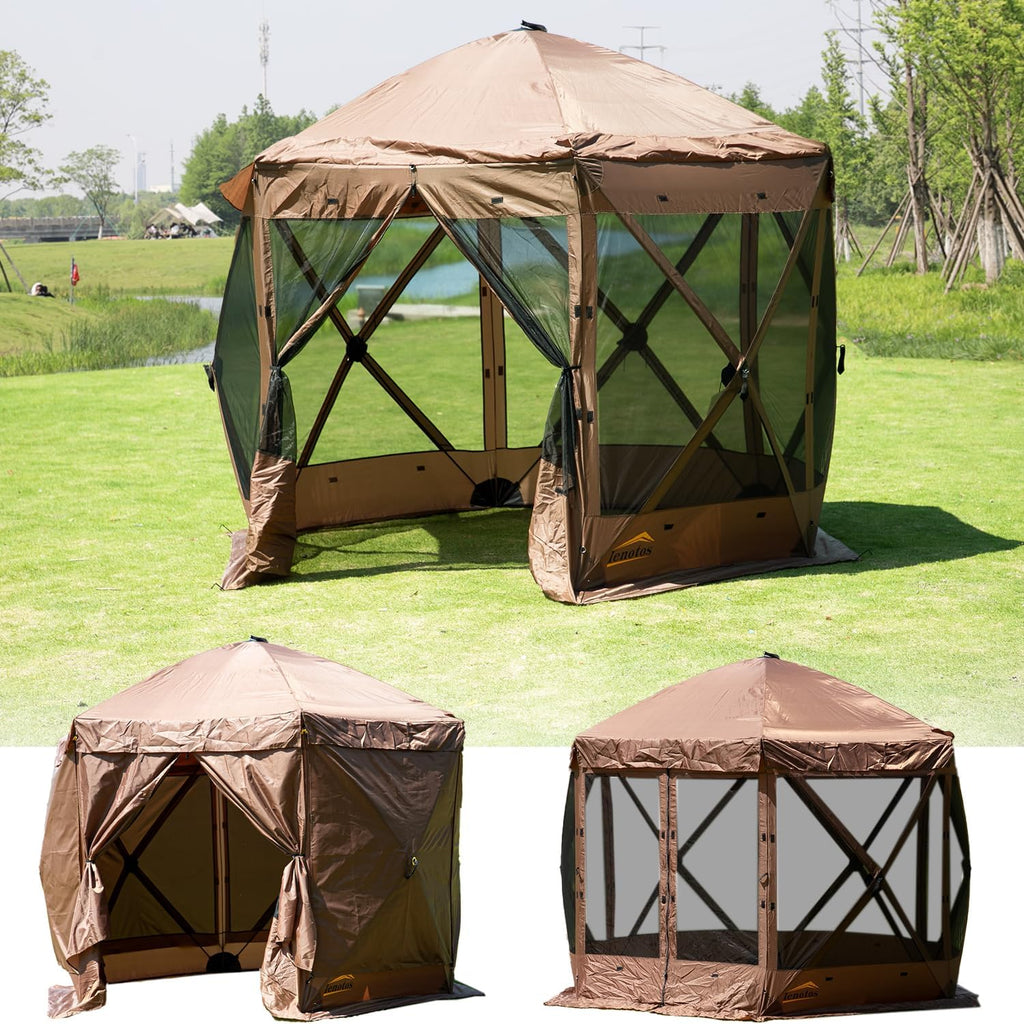 Lenotos 10 x 10 FT Pop Up Screen Tent, Portable Outdoor Camping Gazebo with Ground Stakes and Carry Bag, Brown