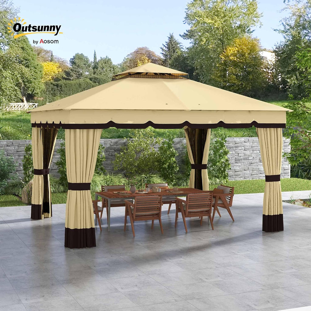 Outsunny 10' x 12' Patio Gazebo, Double Roof Outdoor Gazebo Canopy Shelter with Netting and Curtains, Solid Metal Frame for Garden, Lawn and Deck, Beige