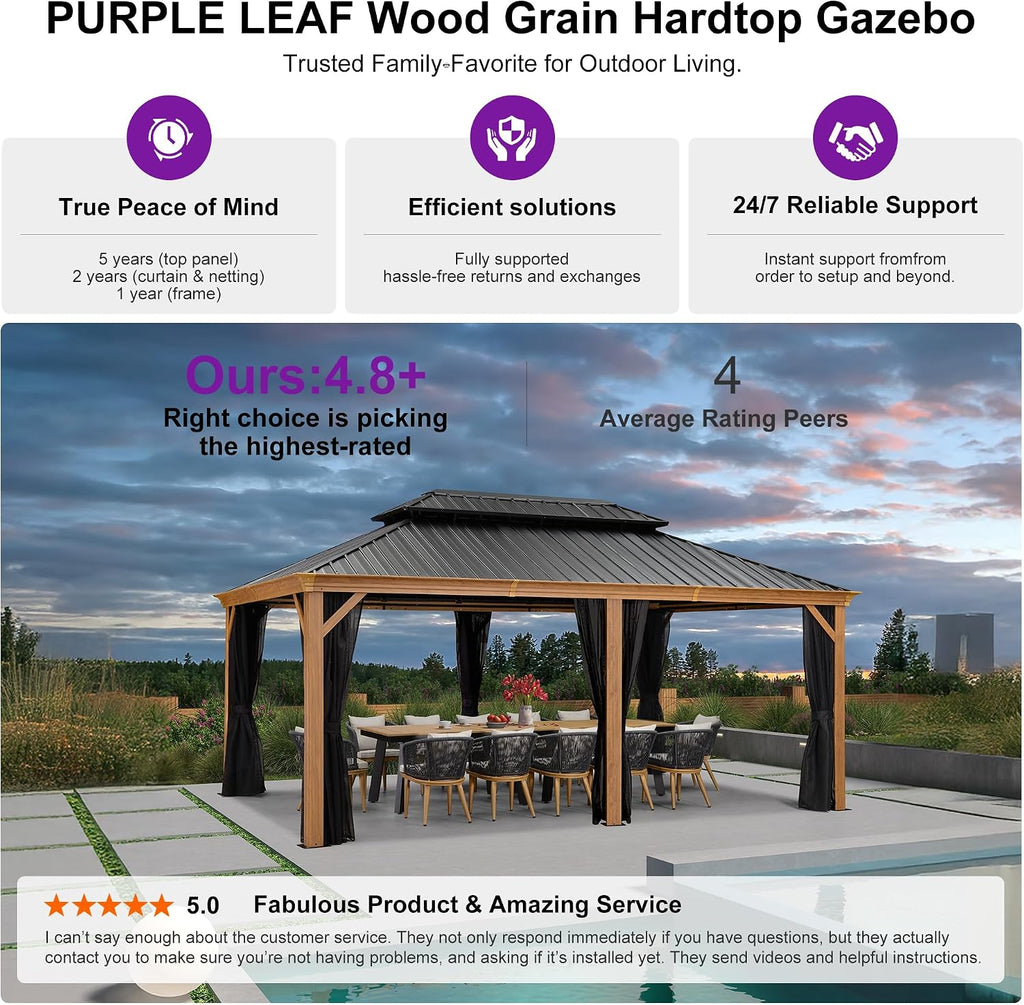 PURPLE LEAF 12' X 18' Outdoor Hardtop Gazebo for Patio Galvanized Steel Double Roof Permanent Canopy Teak Finish Coated Aluminum Frame Pavilion Gazebo with Netting and Lights