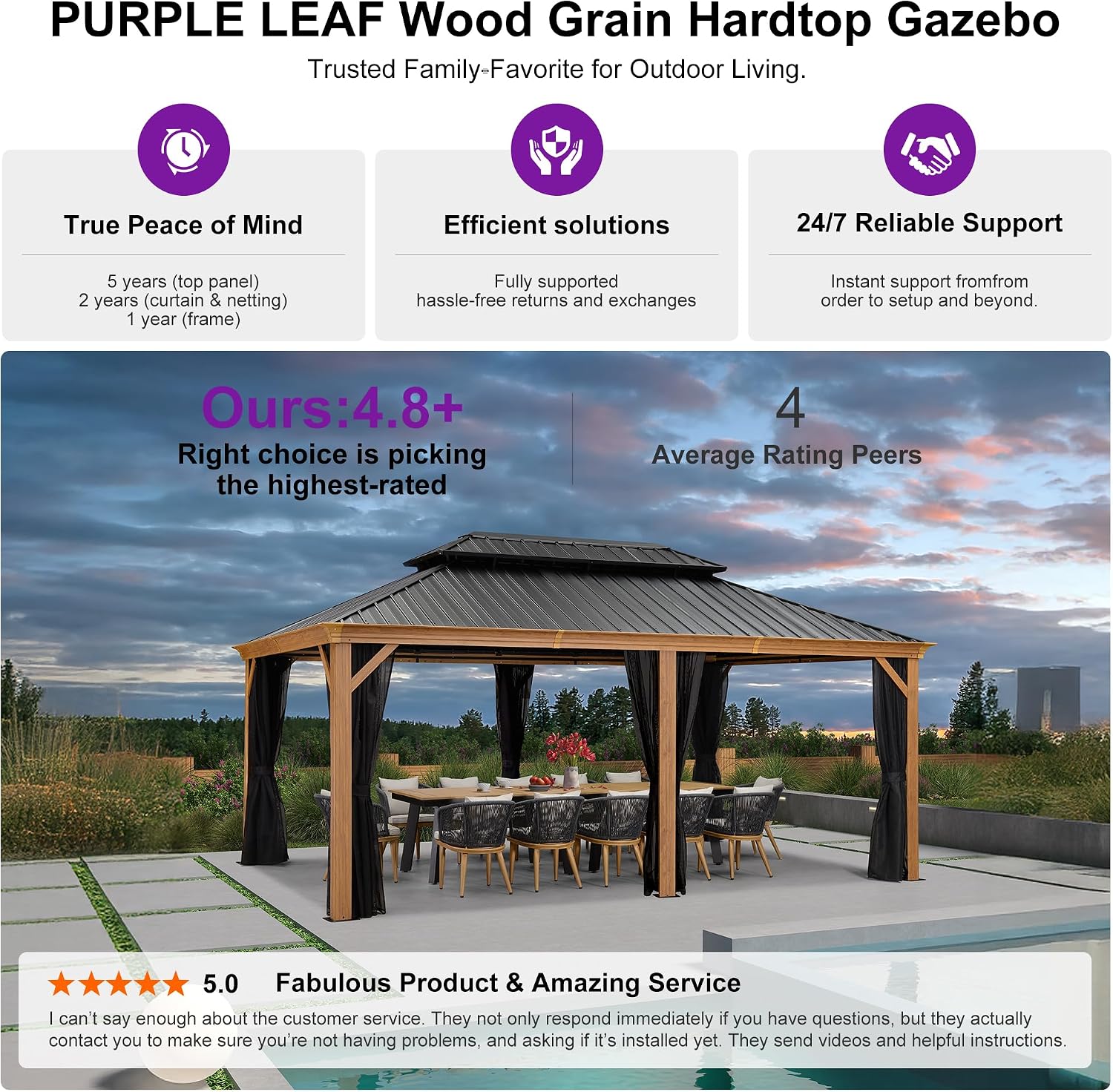 PURPLE LEAF 12' X 18' Outdoor Hardtop Gazebo for Patio Galvanized Steel Double Roof Permanent Canopy Teak Finish Coated Aluminum Frame Pavilion Gazebo with Netting and Lights
