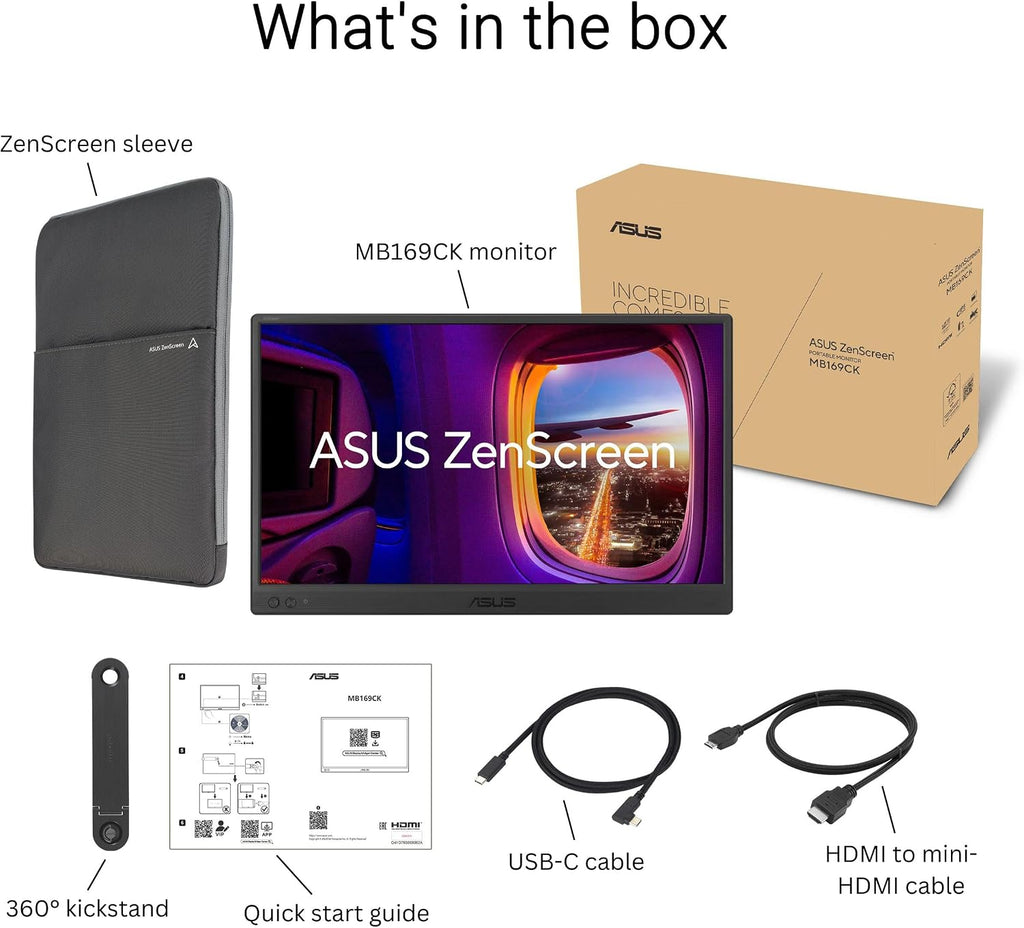 ASUS ZenScreen 15.6' Portable Monitor for Laptop (MB169CK) - Dual USB-C, Mini-HDMI, Plug & Play External Screen for Travel Dual Setup, Full HD, IPS, Anti-Glare Surface, 360° Kickstand, 3yr Warranty