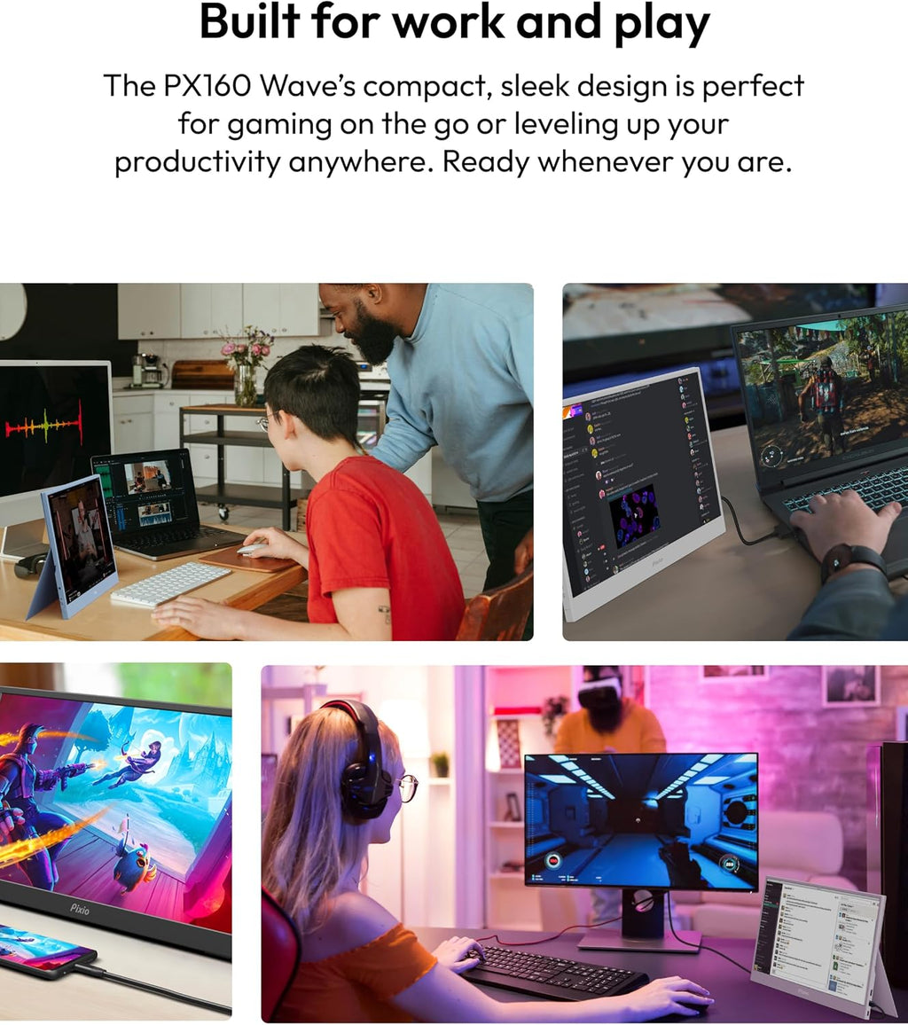 Pixio PX160 Wave Pink Portable Monitor 15.6 inch 60Hz FHD 1080p IPS Panel HDR Screen Cover Stand USB-C HDMI Laptop Screen Extender Portable Monitor for Laptop, PC, Console, Phone