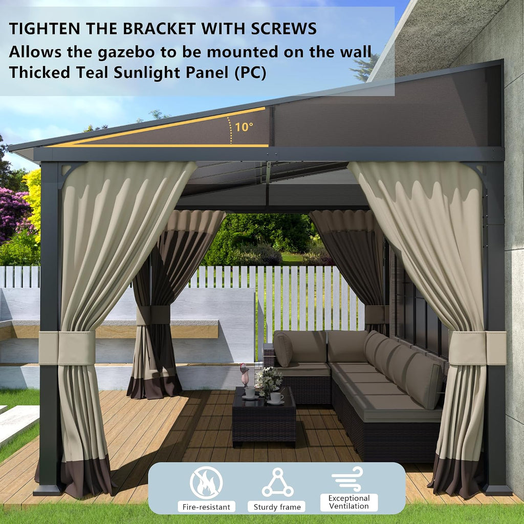 Kurapika 10' x 12' Wall Mount Gazebo Outdoor Pergola, Hardtop Lean to Gazebo Canopy Awnings with Sloped Roof and Sturdy Steel Frame, for Patio, Porch, Deck, Backyard(Sand)
