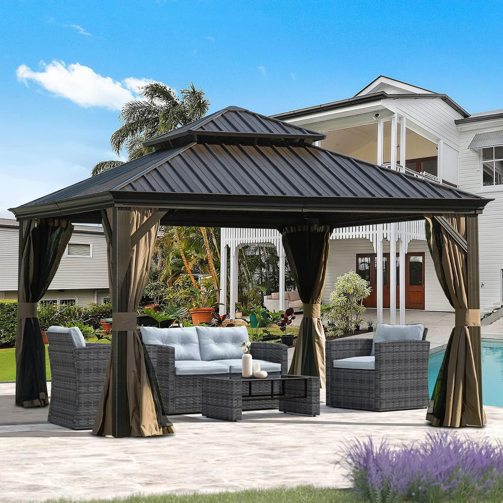 Domi 12x12 Outdoor Gazebo, Hardtop Gazebo with Aluminum Frame, Heavy Duty Pavilion Gazebo for Patio Deck Backyard, Curtain and Netting Included, Dark Brown