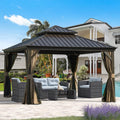 Domi 12x12 Outdoor Gazebo, Hardtop Gazebo with Aluminum Frame, Heavy Duty Pavilion Gazebo for Patio Deck Backyard, Curtain and Netting Included, Dark Brown