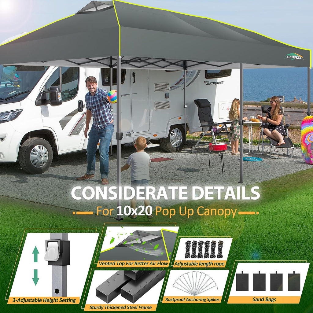 COBIZI 10x20 Pop Up Canopy Tent Ez Up Commercial Outdoor Canopy Wedding Party Tents with Center Lock Instant Folding Shelter with Reflective Strip, Air Vent & 4 Sandbags, (10'X20') Grey