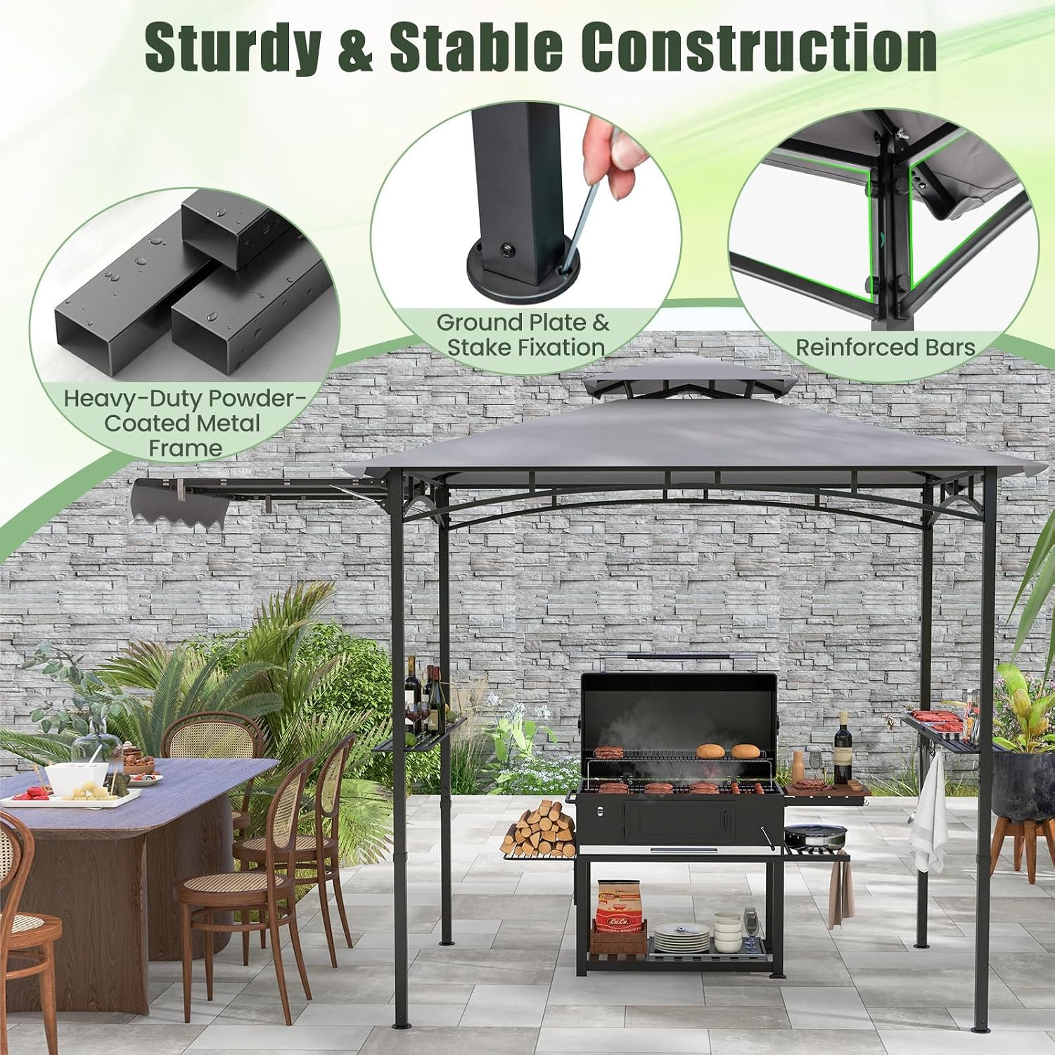 HAPPYGRILL Outdoor Grill Gazebo Canopy 11 x 5 FT, Barbecue Canopy with Double-Tiered Top, 2 Side Shelves, Hanging Hooks, Bottle Opener, Metal Frame, BBQ Grilling Shelter