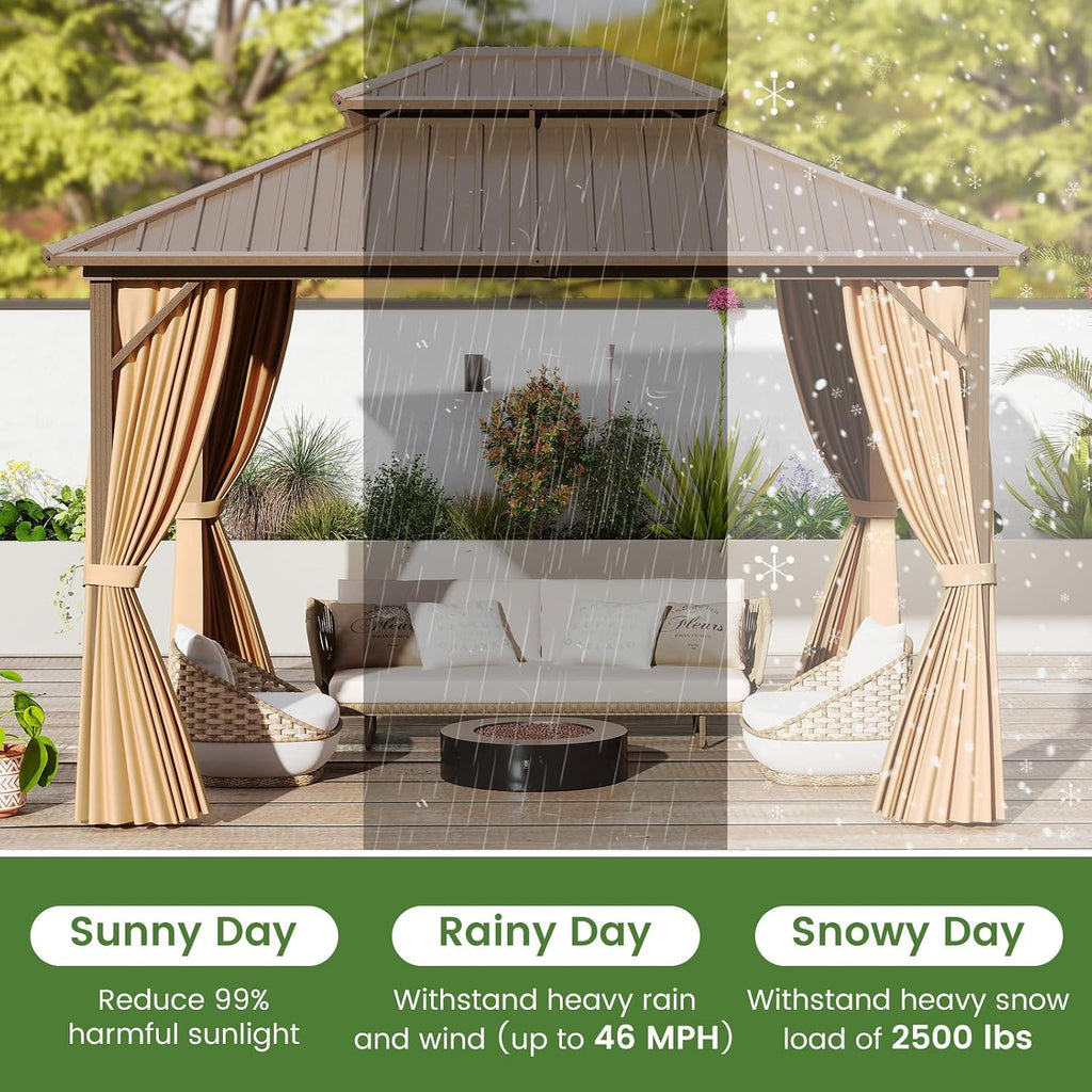 Tangkula 12x12 FT Hardtop Gazebo, Outdoor Permanent Pavilion Shelter with Netting & Curtain, Heavy-Duty Double Galvanized Metal Roof, Aluminum Frame, Outdoor Gazebo for Patio Garden Deck Lawn