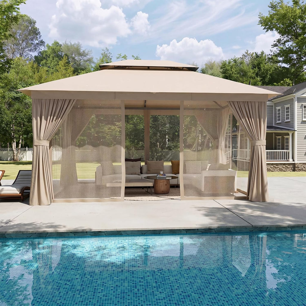 Aoxun Outdoor Gazebo for Patio 10x12 Metal Frame Canopy with Double Roofs Heavy Duty Party Tent and Shelter with Mosquito Netting and Privacy Screen for Backyard, Lawn, Garden, Deck (Khaki)