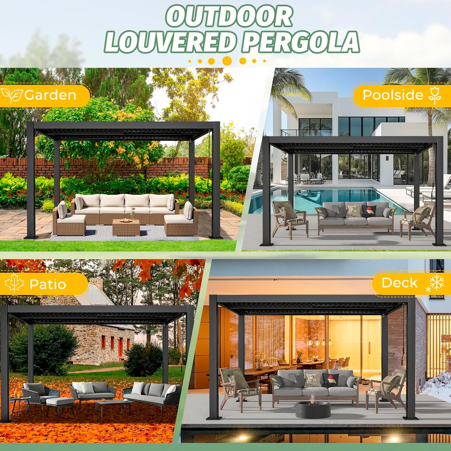 LVUYOYO 10' x 13' Outdoor Louvered Pergola, Metal Aluminum Pergola with Adjustable Roof, Waterproof Gazebo with for Patio, Backyard, Garden, Deck (Black)