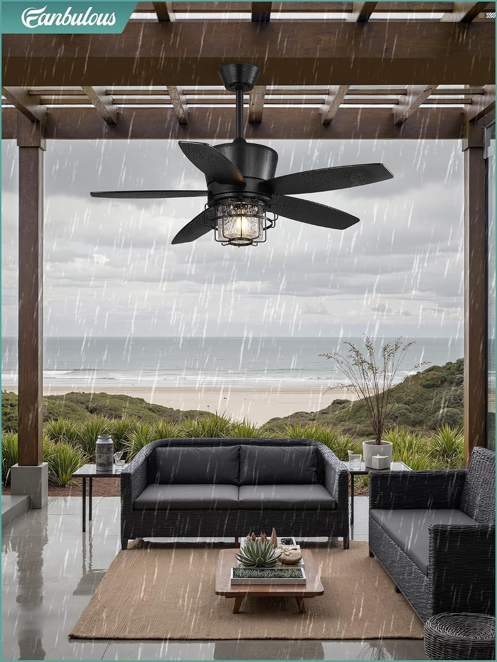 Fanbulous 42' Outdoor Ceiling Fans with Lights and Remote Control,IP65 Wet Rated Waterproof Ceiling Fan with 6-Speed DC Motor, Farmhouse Gazebo Fan for Porch Patios Pavilion（Black）