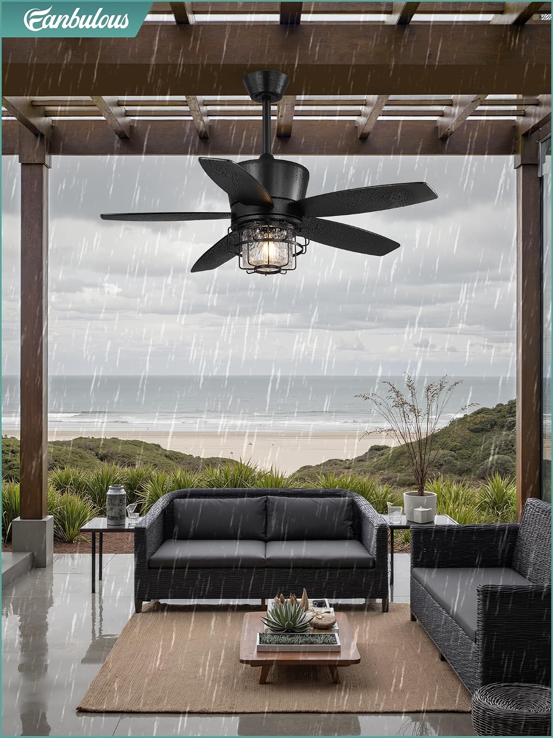 Fanbulous 42' Outdoor Ceiling Fans with Lights and Remote Control,IP65 Wet Rated Waterproof Ceiling Fan with 6-Speed DC Motor, Farmhouse Gazebo Fan for Porch Patios Pavilion（Black）