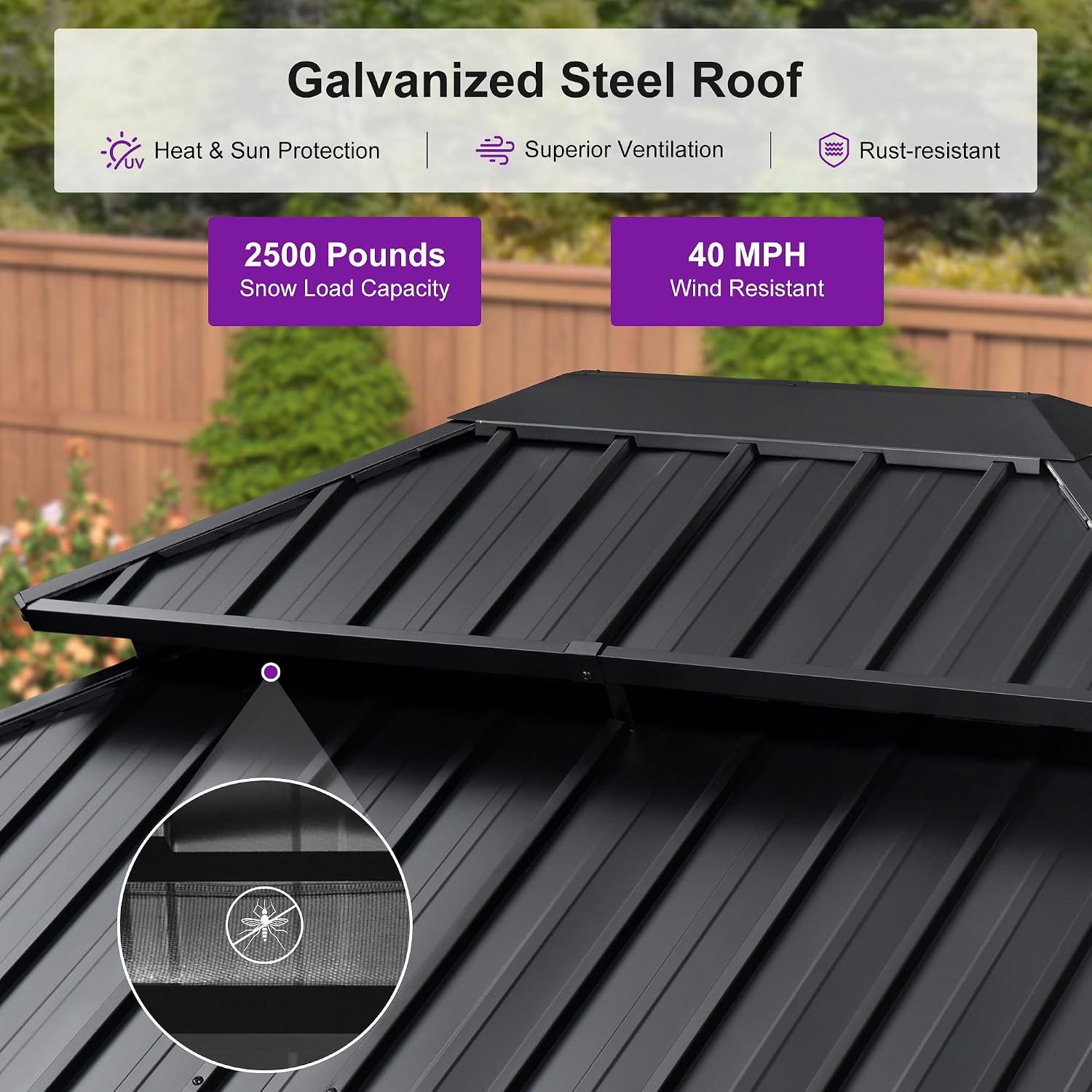 PURPLE LEAF 12' X 14' Outdoor Hardtop Gazebo for Patio Galvanized Steel Double Roof Permanent Canopy Teak Finish Coated Aluminum Frame Pavilion Gazebo with Netting and Lights