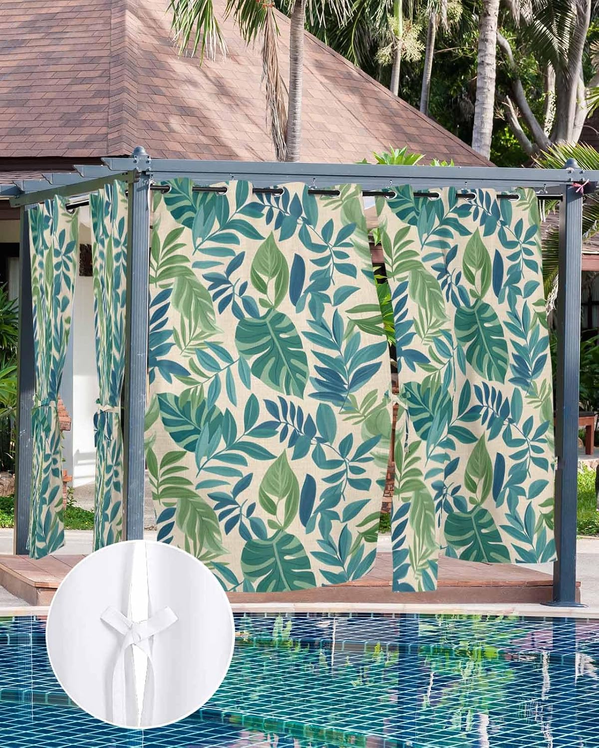 Summer Tropical Plants Outdoor Curtain for Patio Waterproof, Green Leaves Rustic Burlap Texture Outside Curtains with Grommet Top Curtain Panels Drapes for Pergola, Gazebo, Balcony 54'W x 95'L 2 Pcs
