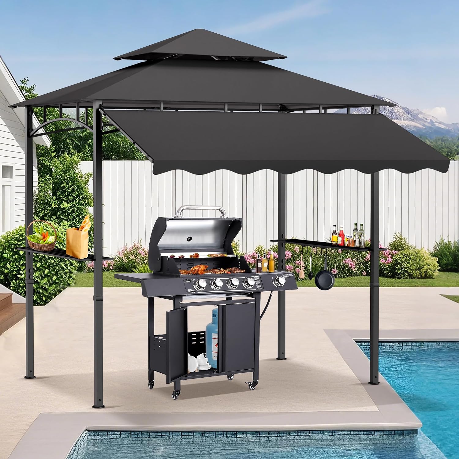 MAGIC UNION 8x8 FT Grill Gazebo with Side Awning, 2-Tier Barbecue Canopy Shelter with 2 Shelves, 7 Hanging Hooks, Bottle Opener, Outdoor Grilling Awnings Tent for Backyard Garden Poolside (Gray)