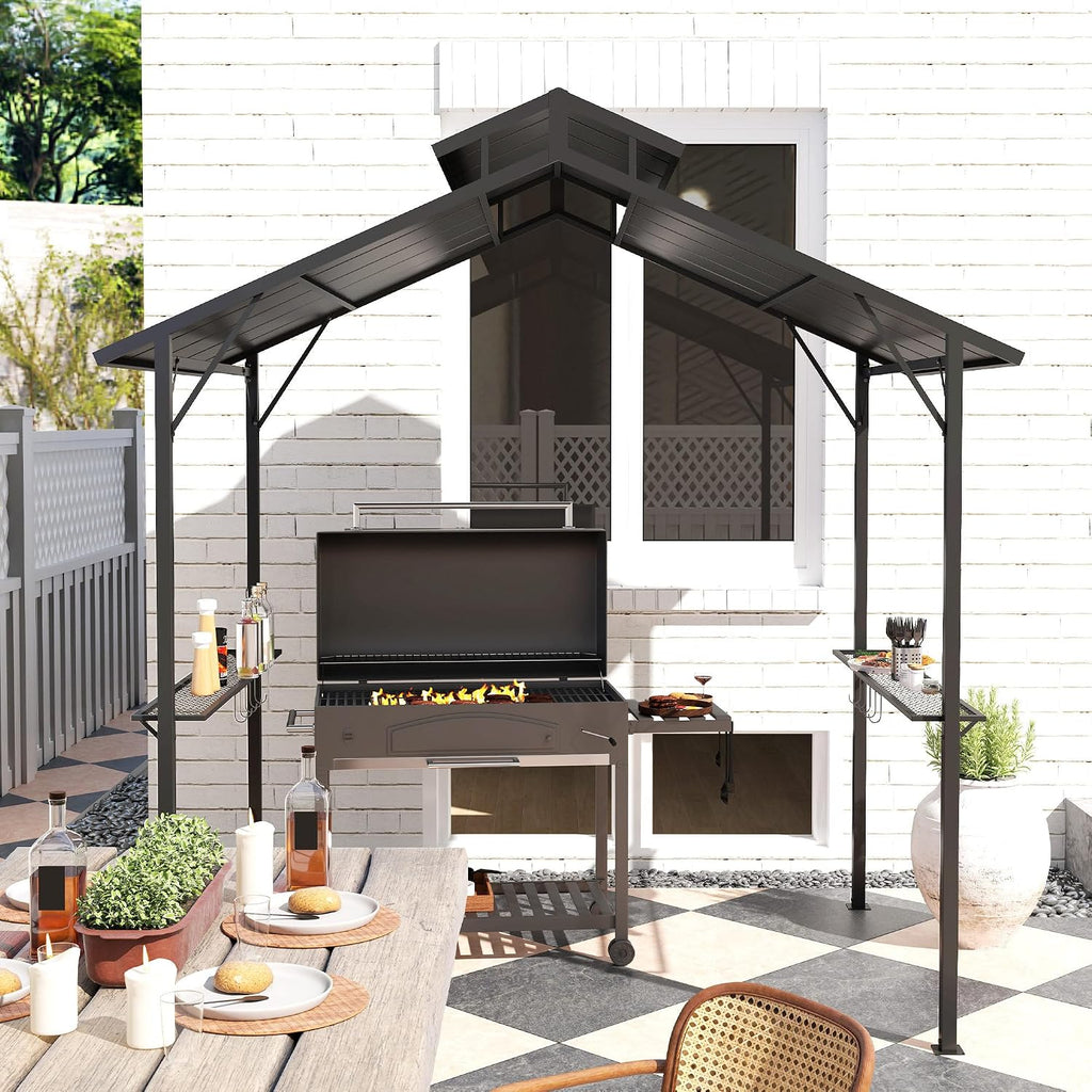 Outsunny 8' x 5' Hardtop Grill Gazebo, Outdoor BBQ Gazebo with Double Metal Roof, 2 Side Shelves and 10 Hooks, Grill Canopy for Patio Backyard Lawn Deck