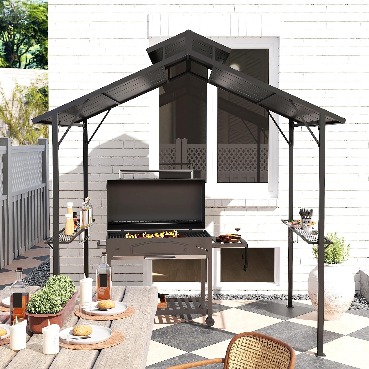 Outsunny 8' x 5' Hardtop Grill Gazebo, Outdoor BBQ Gazebo with Double Metal Roof, 2 Side Shelves and 10 Hooks, Grill Canopy for Patio Backyard Lawn Deck