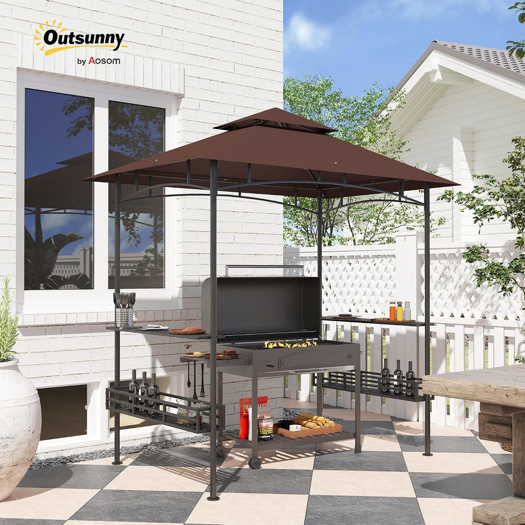 Outsunny 8' x 5' Grill Gazebo, 2-Tier Outdoor BBQ Gazebo with Ceiling Hook, 2 Side Shelves and Storage Baskets for Patio Deck Yard, Dark Brown