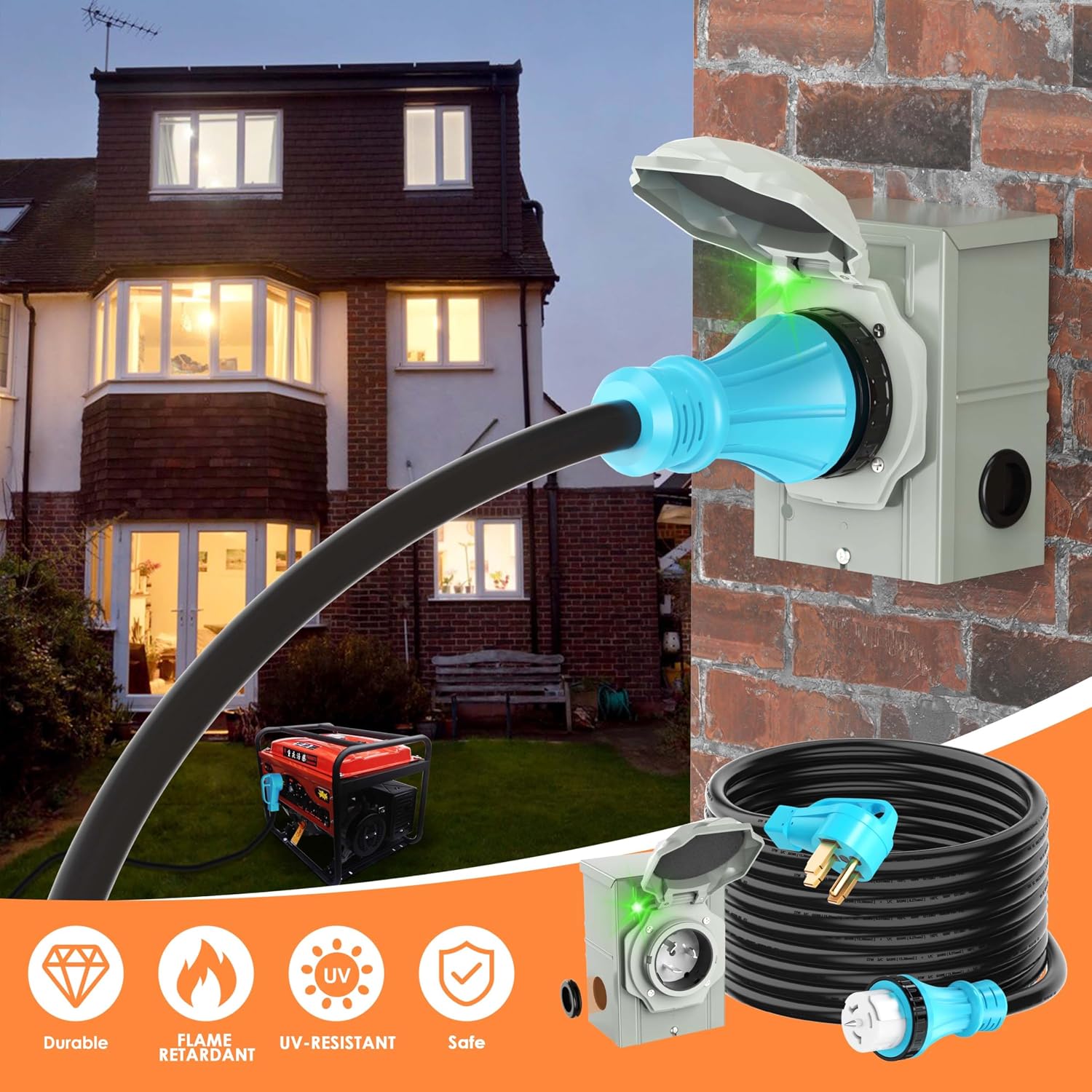 50 Amp 100 Feet Generator Cord and Power Inlet Box Combo Kit NEMA 14-50P Male to SS2-50R STW 6/3+8/1 AWG 125/250V Twist Locking with Inlet Box for Generator to House, UL Listed