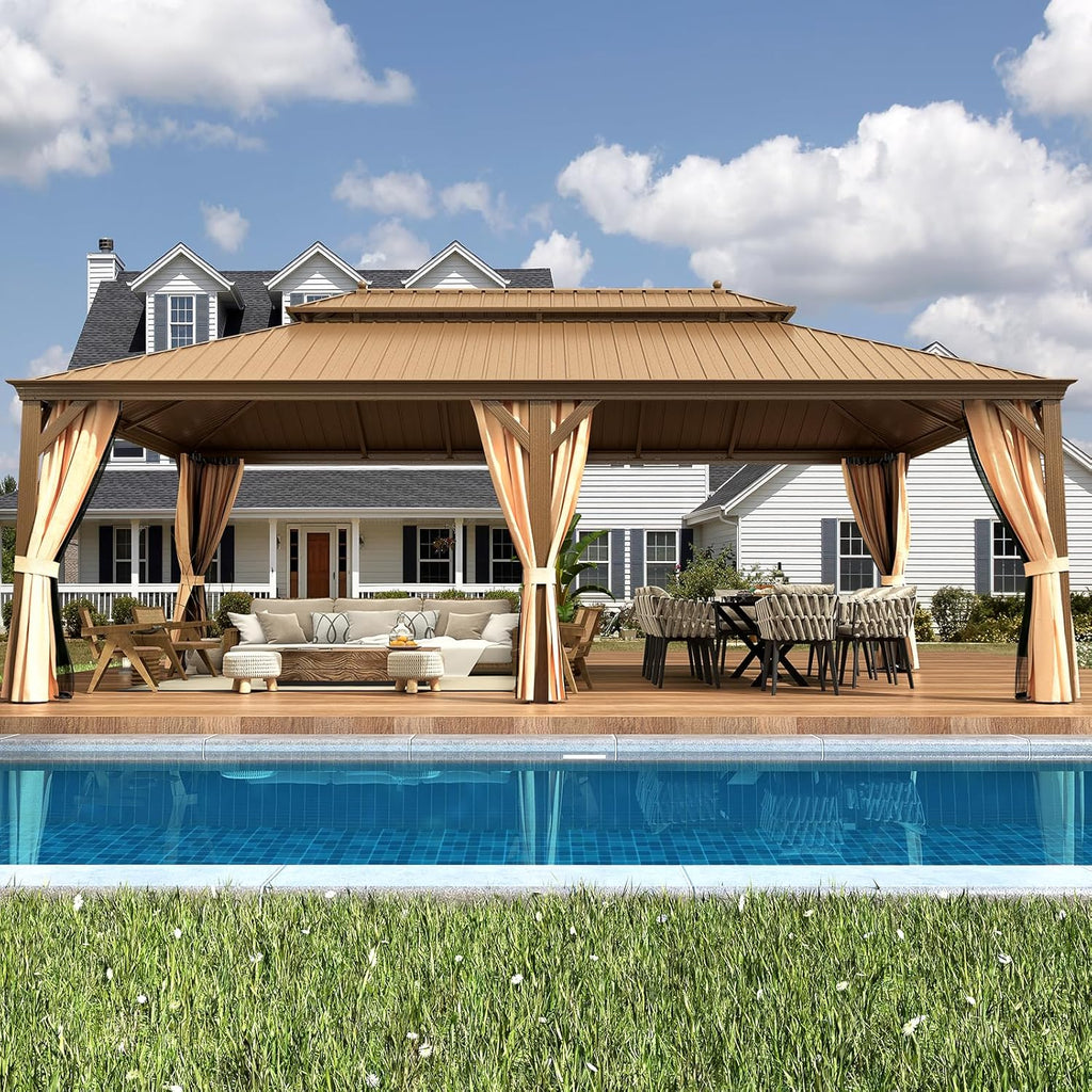 EROMMY 14'x24' Hardtop Gazebo Double Roof Galvanized Steel Outdoor Gazebos with Aluminum Frame, Netting and Curtains, Permanent Metal Pavilion for Patio Backyard Deck and Lawns