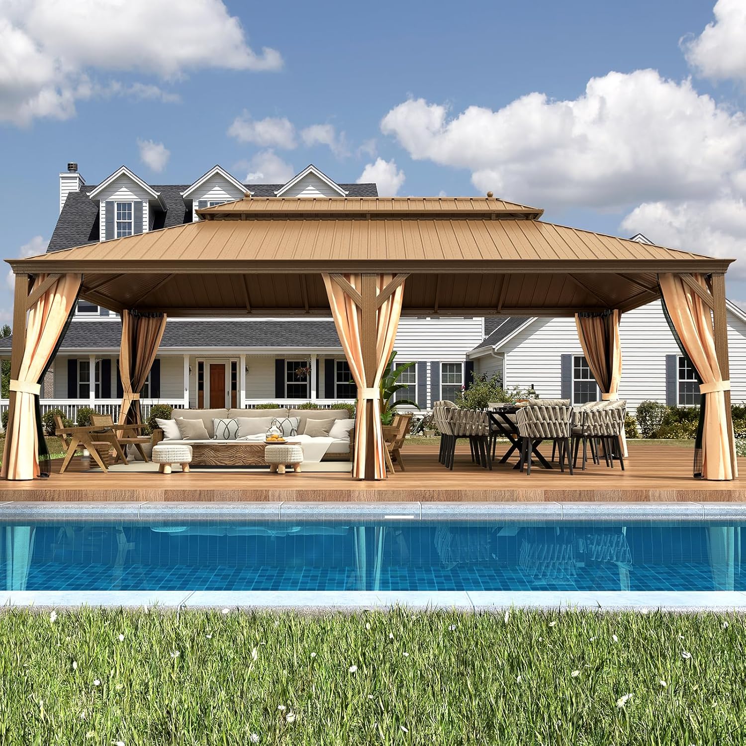 EROMMY 14'x24' Hardtop Gazebo Double Roof Galvanized Steel Outdoor Gazebos with Aluminum Frame, Netting and Curtains, Permanent Metal Pavilion for Patio Backyard Deck and Lawns