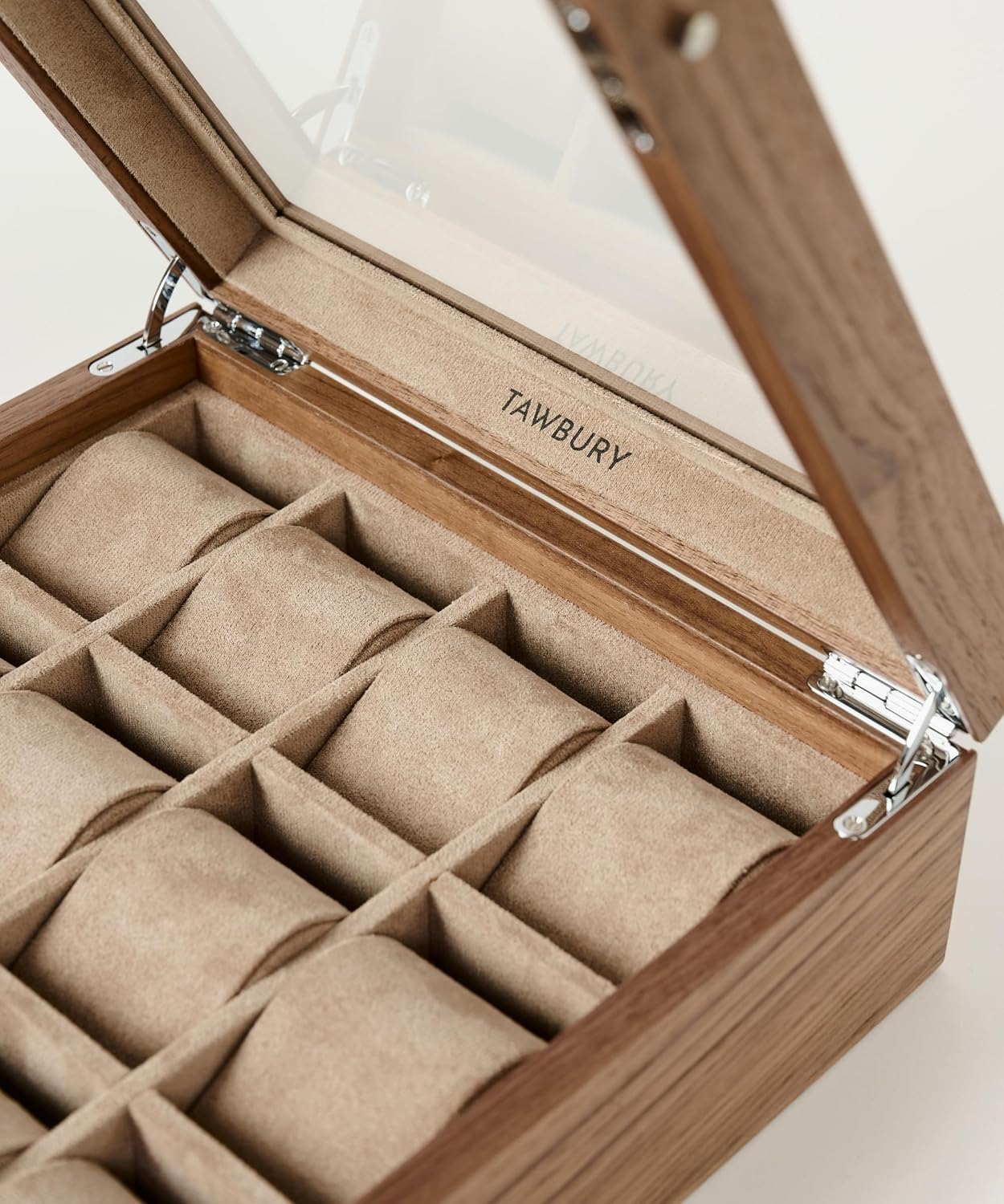 TAWBURY Wooden Watch Case - 12 Slot Wood Watch Box for Men & Women with Glass Display, Protective Fully Lined Interior and 2-inch Wide Pillows for Small & Large Watches (Classic Walnut)