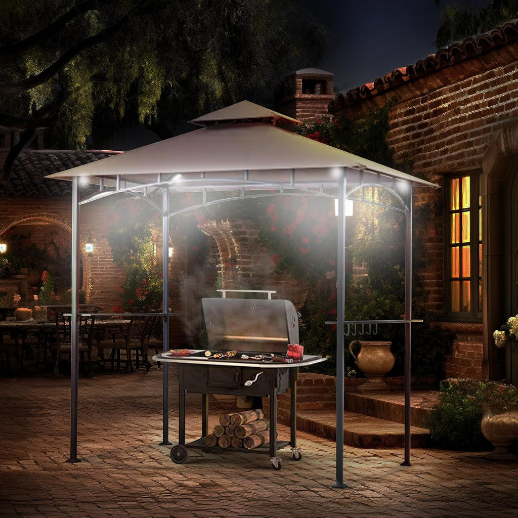 Four Seasons Courtyard BBQ Grill Gazebo with LED Lights, 2 Glass Shelves, and Powder Coated Steel Frame for Backyard Lawn and Outdoor Use, Brown