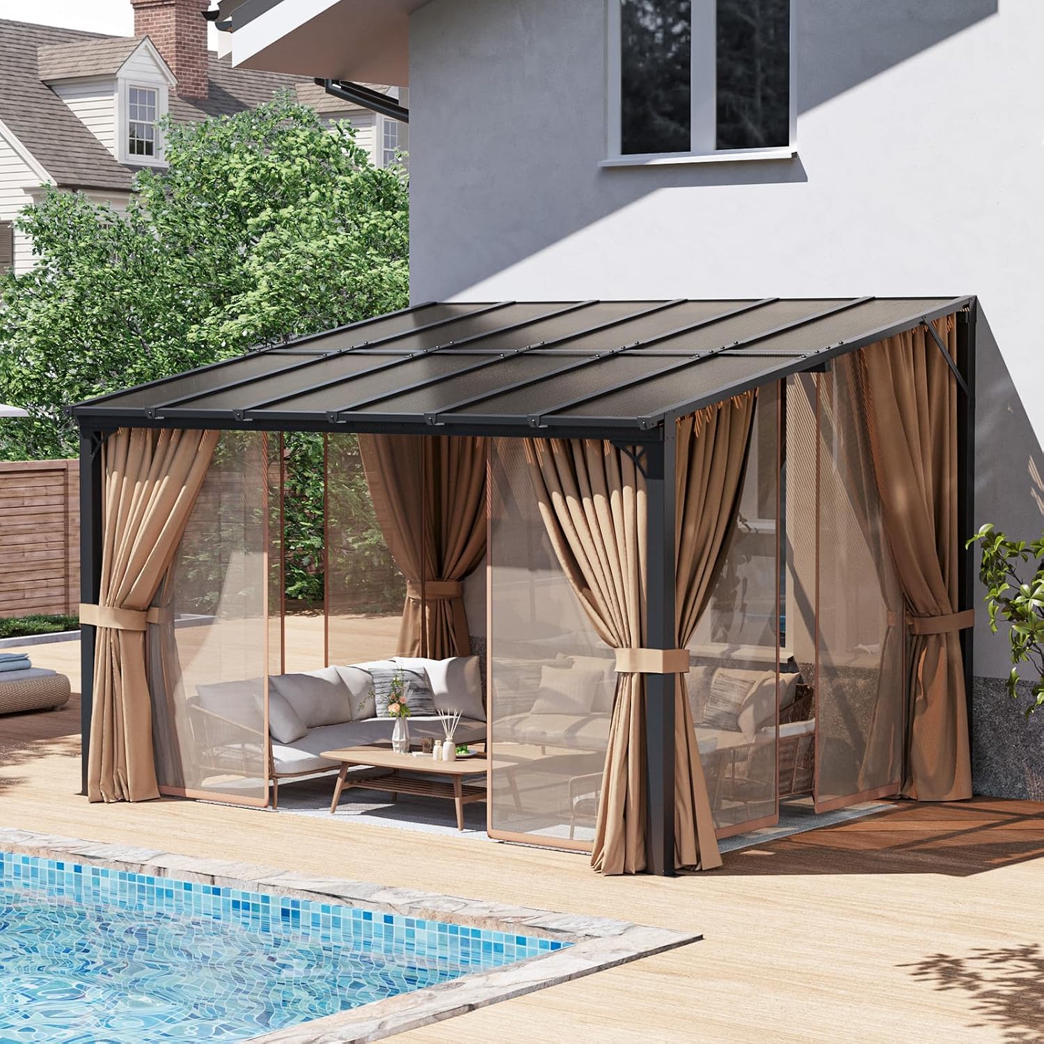 Aoxun 10'x12' Lean to Gazebo with Mosquito Net and Curtains, Aluminum Frame, Polycarbonate Panel, Wall Mounted Pergola with Sloped Roof for Backyard, Porch, Deck