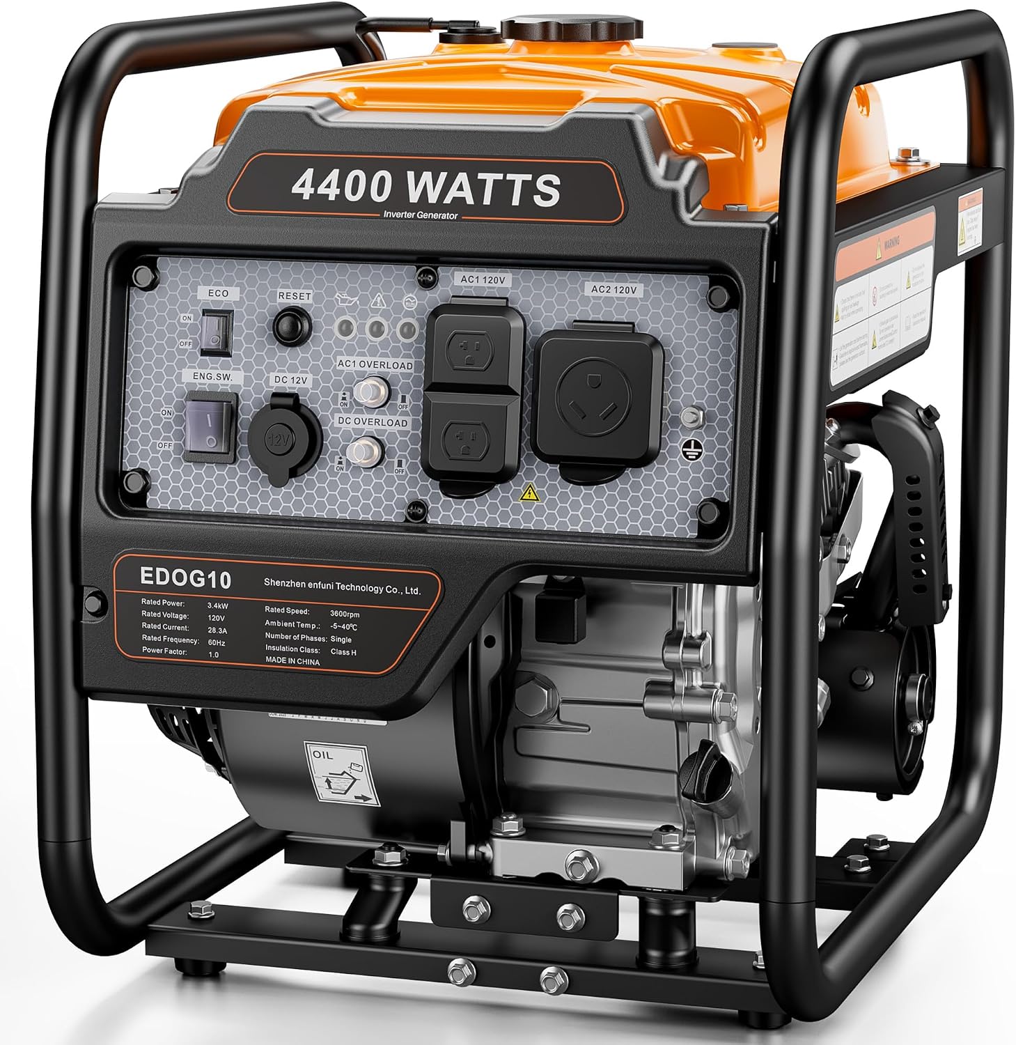4400 Watt Open Frame Inverter Generator, Gas Powered Portable Generator for Home Backup, RV Ready 30A Outlet, ECO Mode, Quiet Operation, Low Oil Shutoff, Emergency Power, EPA Compliant