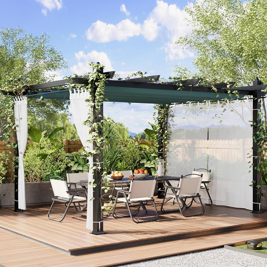 10x13 Ft Outdoor Aluminum Pergola, Upgraded Grey Retractable Pergola with Adjustable Roof & Side Mesh Screen, Modern Metal Patio Gazebo for Deck, Backyard, Porch, Vineyards, Blue + White