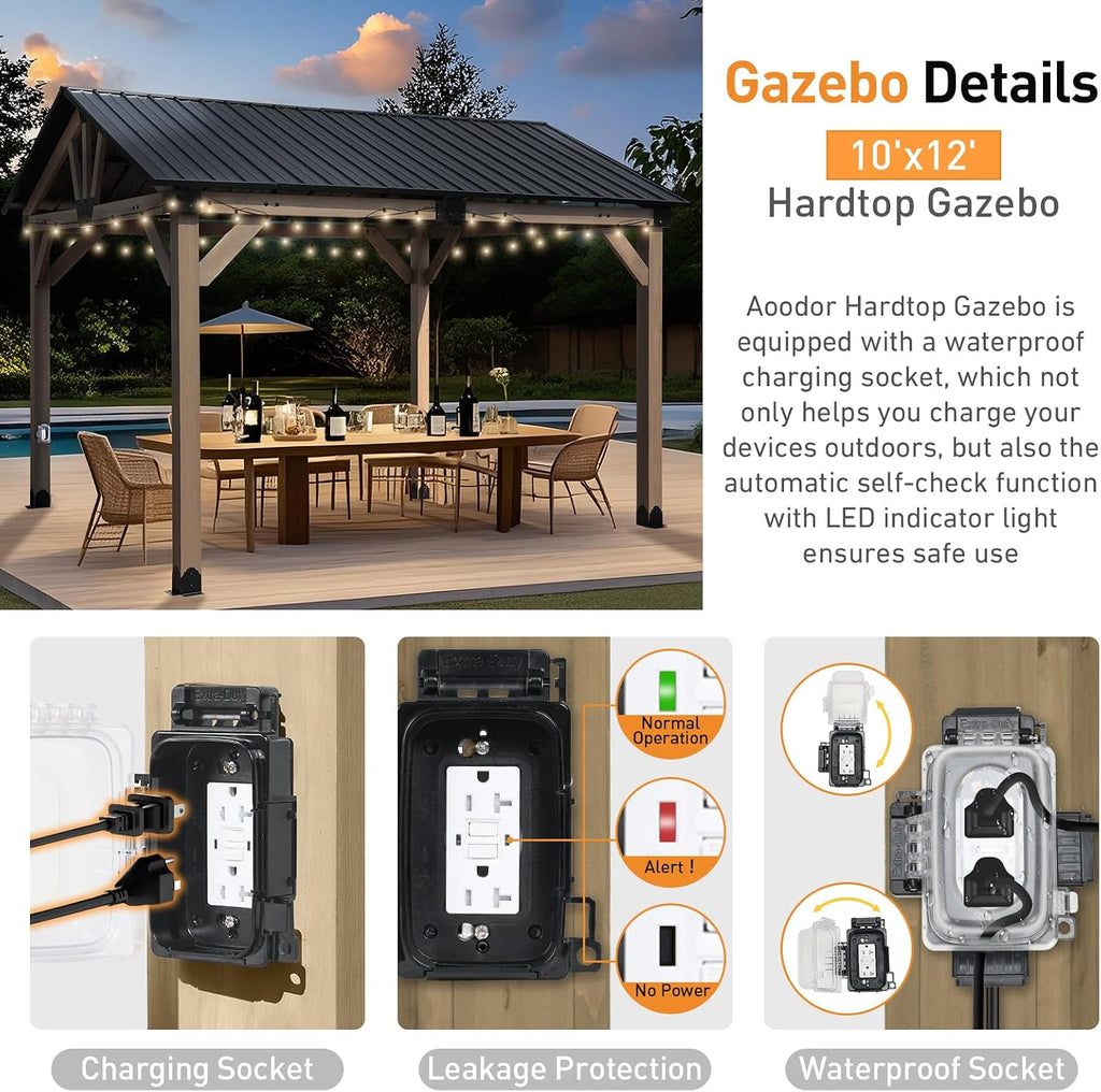 Aoodor 10 x 12 ft Wooden Frame Gazebo with Single Galvanized Metal Hardtop Roof, Outdoor Patio Gazebo with Charging Socket for Patio, Backyard, Deck, and Lawn