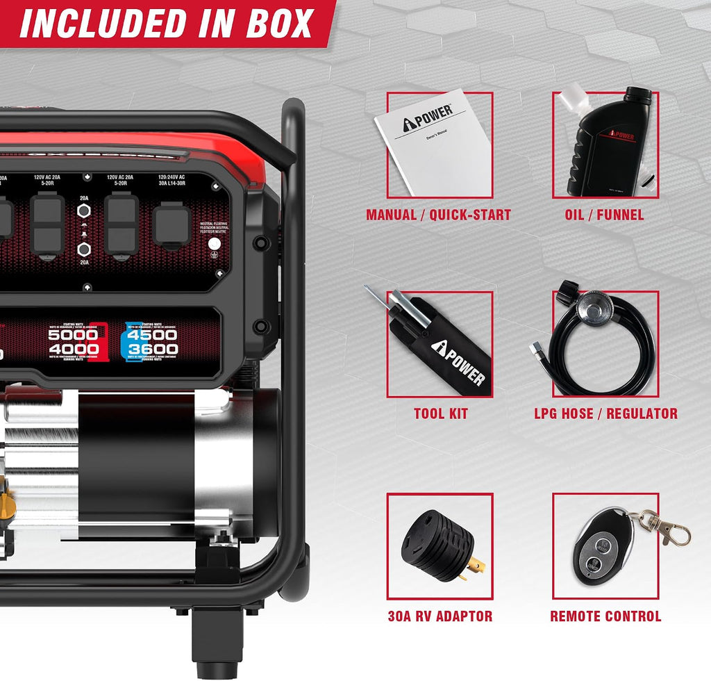 A-iPower 5000-Watt Remote Start Dual Fuel Portable Generator CO Sensor Shutdown, Heavy Duty Generators with 223cc OHV Engine For Jobsite, RV, Home Backup, Emergency(GXS5000RD)