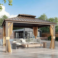 YOLENY 12' x 14' Gazebo Hardtop with Aluminum Frame,Galvanized Steel Double Roof Gazebos with Curtain and Netting,Outdoor Metal Pergolas for Garden, Lawn, Deck, Brown