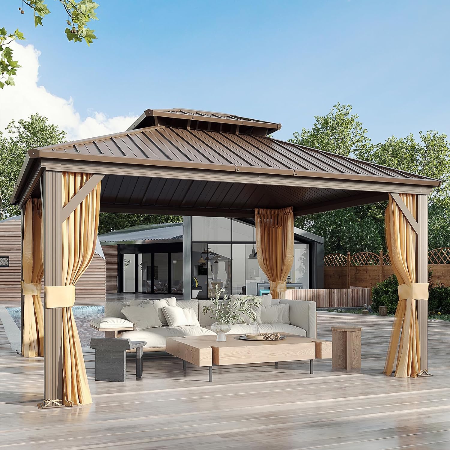 YOLENY 12' x 14' Gazebo Hardtop with Aluminum Frame,Galvanized Steel Double Roof Gazebos with Curtain and Netting,Outdoor Metal Pergolas for Garden, Lawn, Deck, Brown