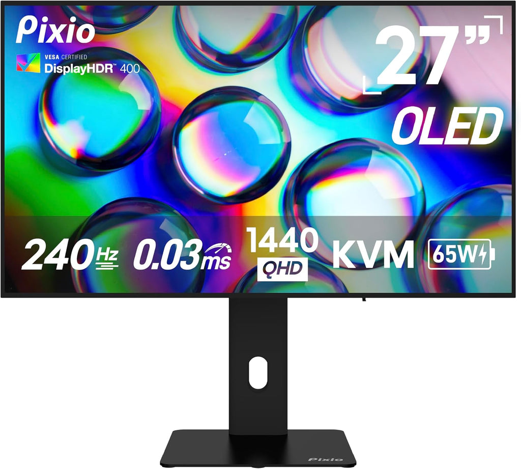 Pixio 27' WOLED Gaming Monitor, QHD 1440p, 240Hz, 0.03ms, DisplayHDR True Black 400, Adaptive Sync, KVM Switch, Fully Adjustable Stand, HDMI 2.1, DisplayPort, USB-C, RGB Light, PX277 OLED Max V2
