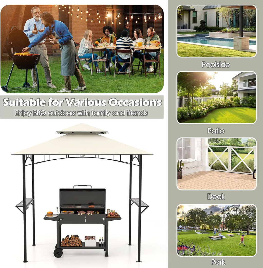 Tangkula 8x5 Ft Grill Gazebo, 2-Tier Barbecue Gazebo with 2 Shelves, 7 Hooks, Metal Frame, Outdoor Grill Canopy for Backyard Garden Poolside (Beige)